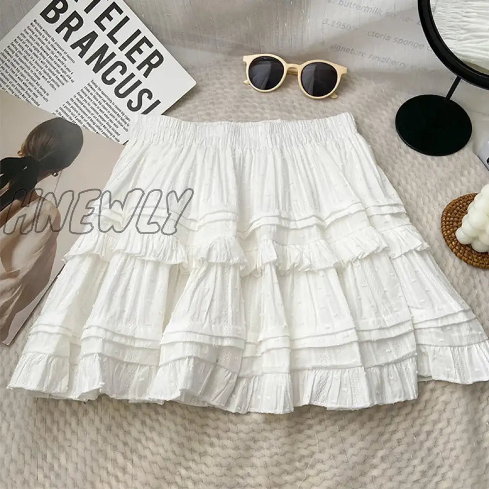 Hnewly Mini Pleated Skirt Women Summer Korean Fashion White Black All Match Ruffles Aesthetic High Waist Skirt Female