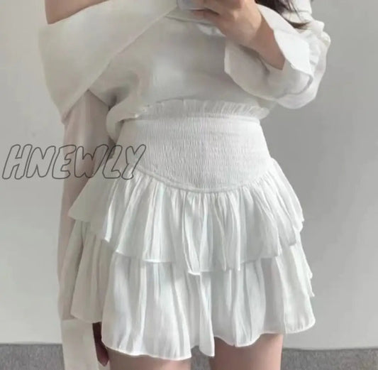 xsrrr Mini Skirts Women White High Waist Simple Summer Korean Style Temper Casual Fashion Ins Sweet All-match Ruffles Kawaii Faldas