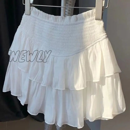 xsrrr Mini Skirts Women White High Waist Simple Summer Korean Style Temper Casual Fashion Ins Sweet All-match Ruffles Kawaii Faldas