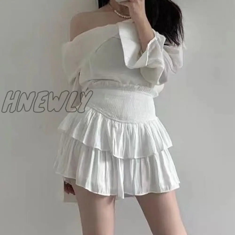 xsrrr Mini Skirts Women White High Waist Simple Summer Korean Style Temper Casual Fashion Ins Sweet All-match Ruffles Kawaii Faldas