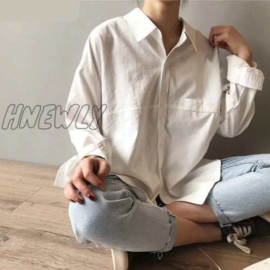 Hnewly Minimalist Loose White Shirts for Women Turn-down Collar Solid Female Shirts Tops Spring Summer Blouses