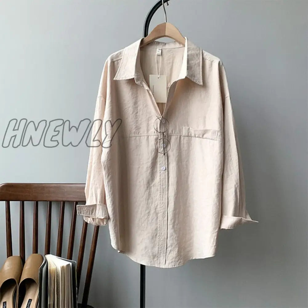 Hnewly Minimalist Loose White Shirts for Women Turn-down Collar Solid Female Shirts Tops Spring Summer Blouses