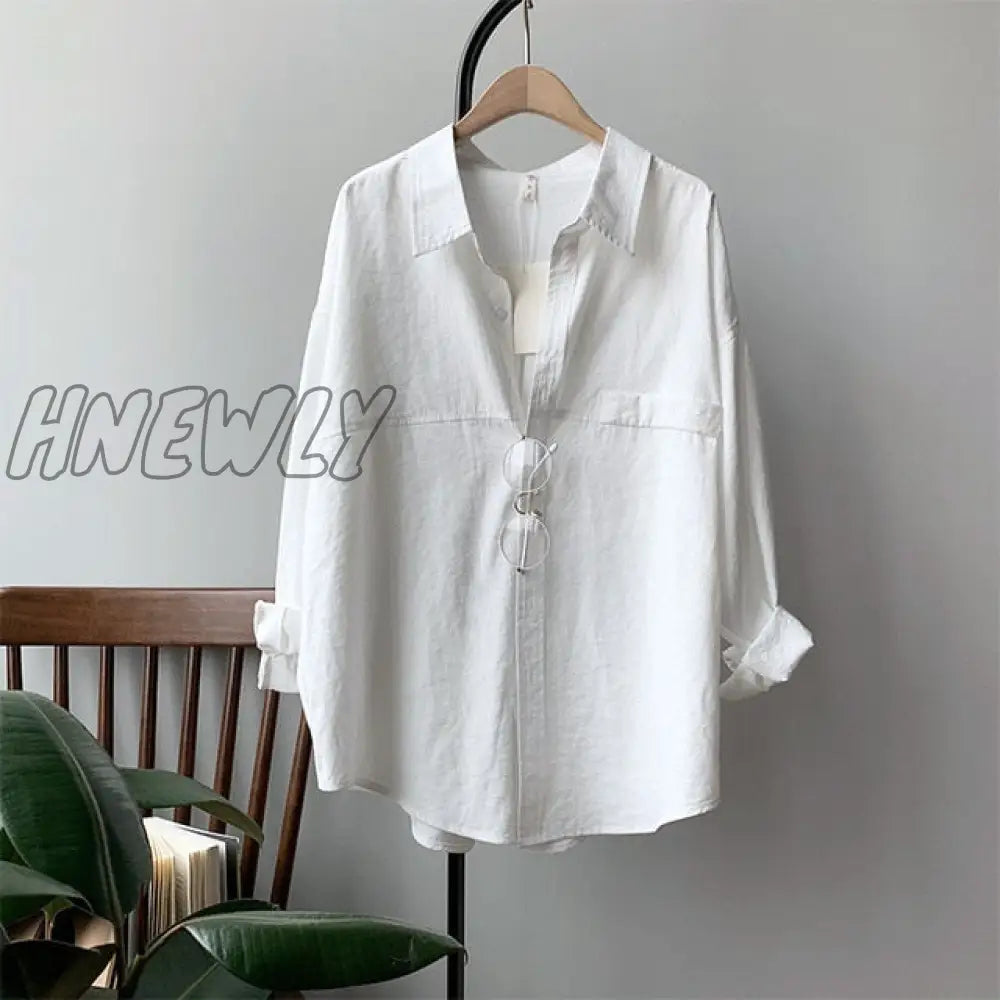 Hnewly Minimalist Loose White Shirts for Women Turn-down Collar Solid Female Shirts Tops Spring Summer Blouses