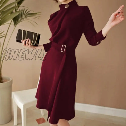 Hnewly New Arrival Autumn Women Elegant Button Stand neck Belted Long Sleeve Work Business Party black wine red Split Dress Vestidos Retro Outfits