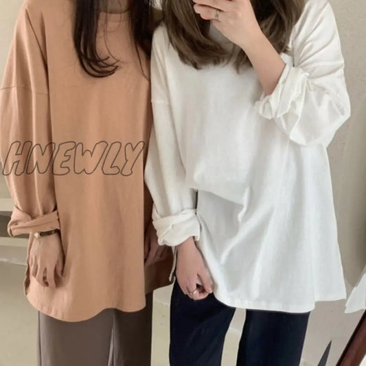 Hnewly New Autumn Trend T-Shirts Oversized Solid Bottoming Long Sleeve Wild Korean Minimalist Style Tops T601