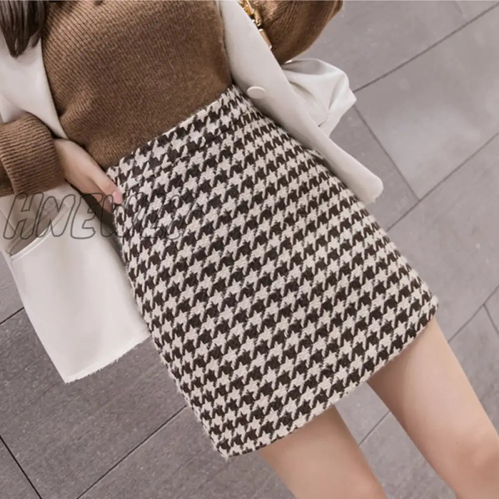 xsrrr New Autumn Winter Stylish Houndstooth Skirt Women Woolen Skater Skirts High Waist A-Line Sexy Mini Skirts Female