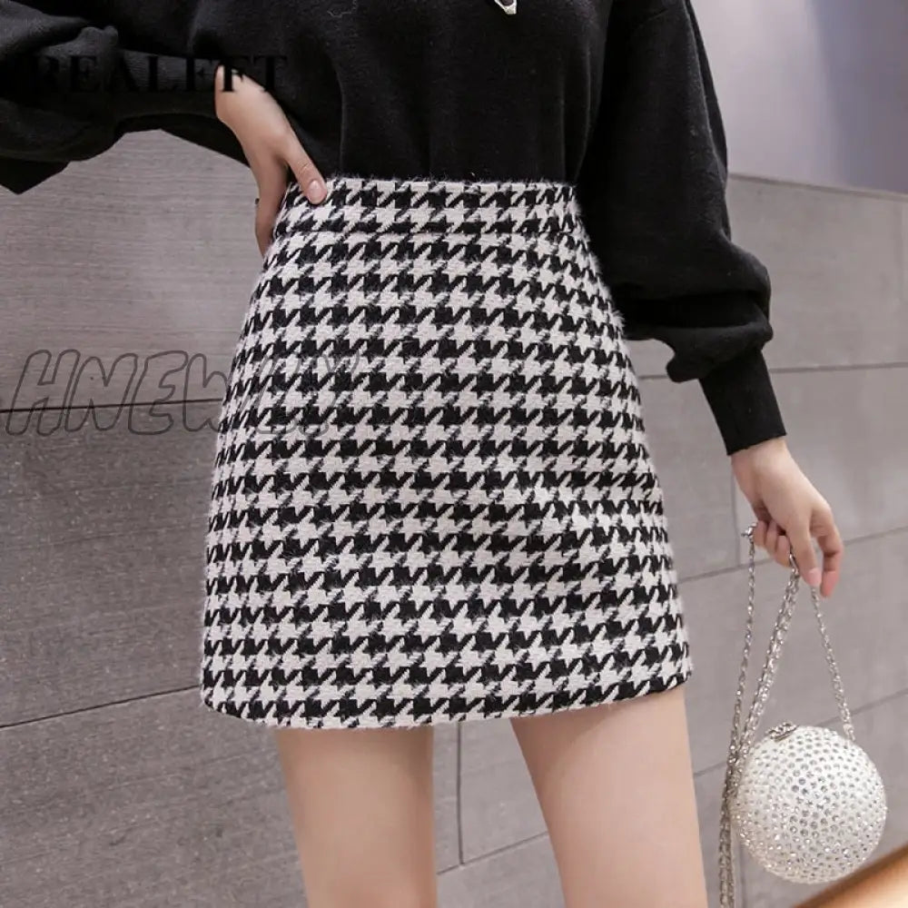 xsrrr New Autumn Winter Stylish Houndstooth Skirt Women Woolen Skater Skirts High Waist A-Line Sexy Mini Skirts Female