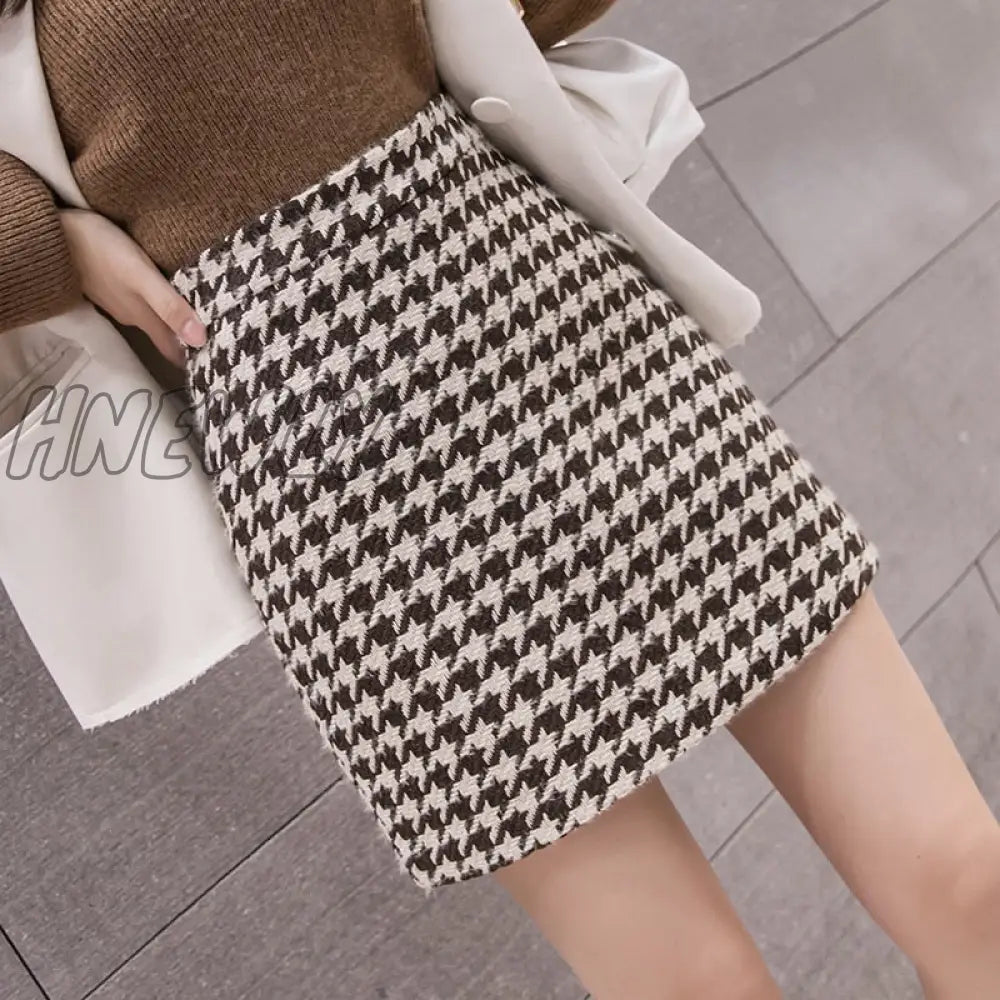 xsrrr New Autumn Winter Stylish Houndstooth Skirt Women Woolen Skater Skirts High Waist A-Line Sexy Mini Skirts Female