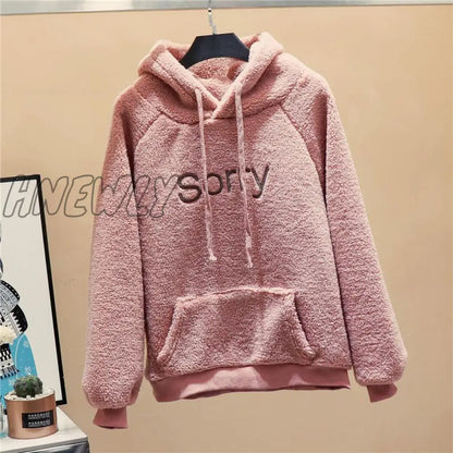 xsrrr New Autumn Winter Thick Warm Coat Velvet Cashmere Women Hoody Sweatshirt Solid Blue Pullover Casual Tops Lady Loose Long Sleeve Teenage Fashion Outfits