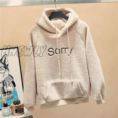 xsrrr New Autumn Winter Thick Warm Coat Velvet Cashmere Women Hoody Sweatshirt Solid Blue Pullover Casual Tops Lady Loose Long Sleeve Teenage Fashion Outfits