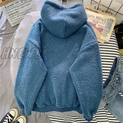 xsrrr New Autumn Winter Thick Warm Coat Velvet Cashmere Women Hoody Sweatshirt Solid Blue Pullover Casual Tops Lady Loose Long Sleeve Teenage Fashion Outfits