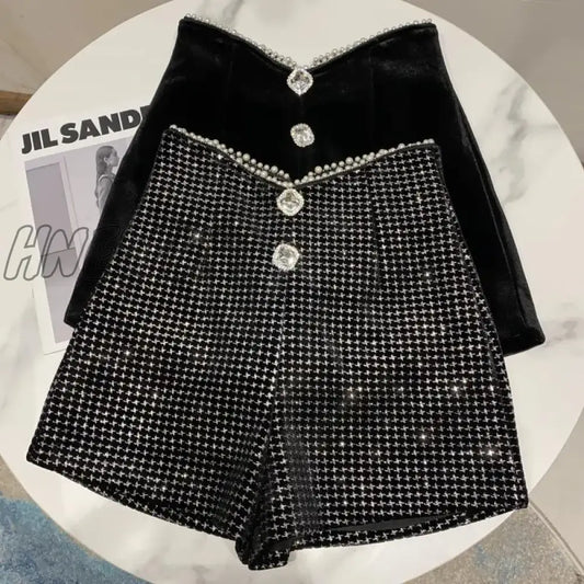 xsrrr New Autumn Winter Women New Fashion Pearl Irregular Edge Diamond Button Decoration High Waist Casual Velvet Shorts