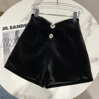 xsrrr New Autumn Winter Women New Fashion Pearl Irregular Edge Diamond Button Decoration High Waist Casual Velvet Shorts