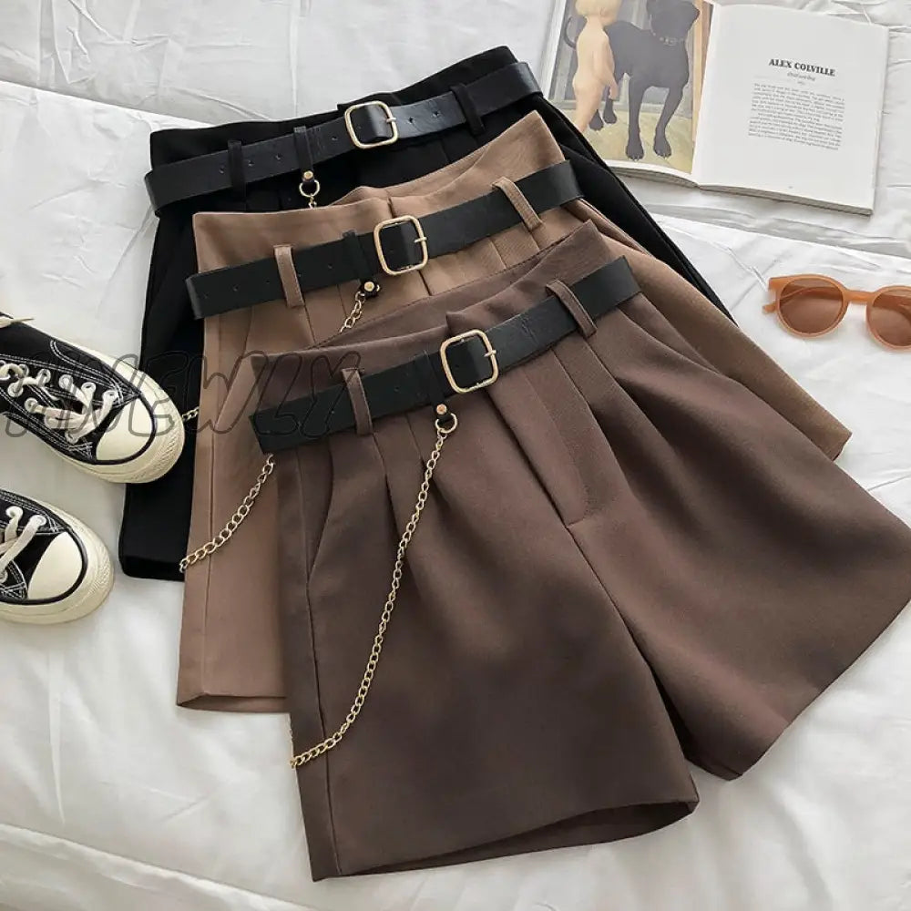 xsrrr New Casual Comfortable Elegant Wild Shorts With Belt Women's Woolen Shorts Autumn Winter Slim Wide Leg A-line Shorts