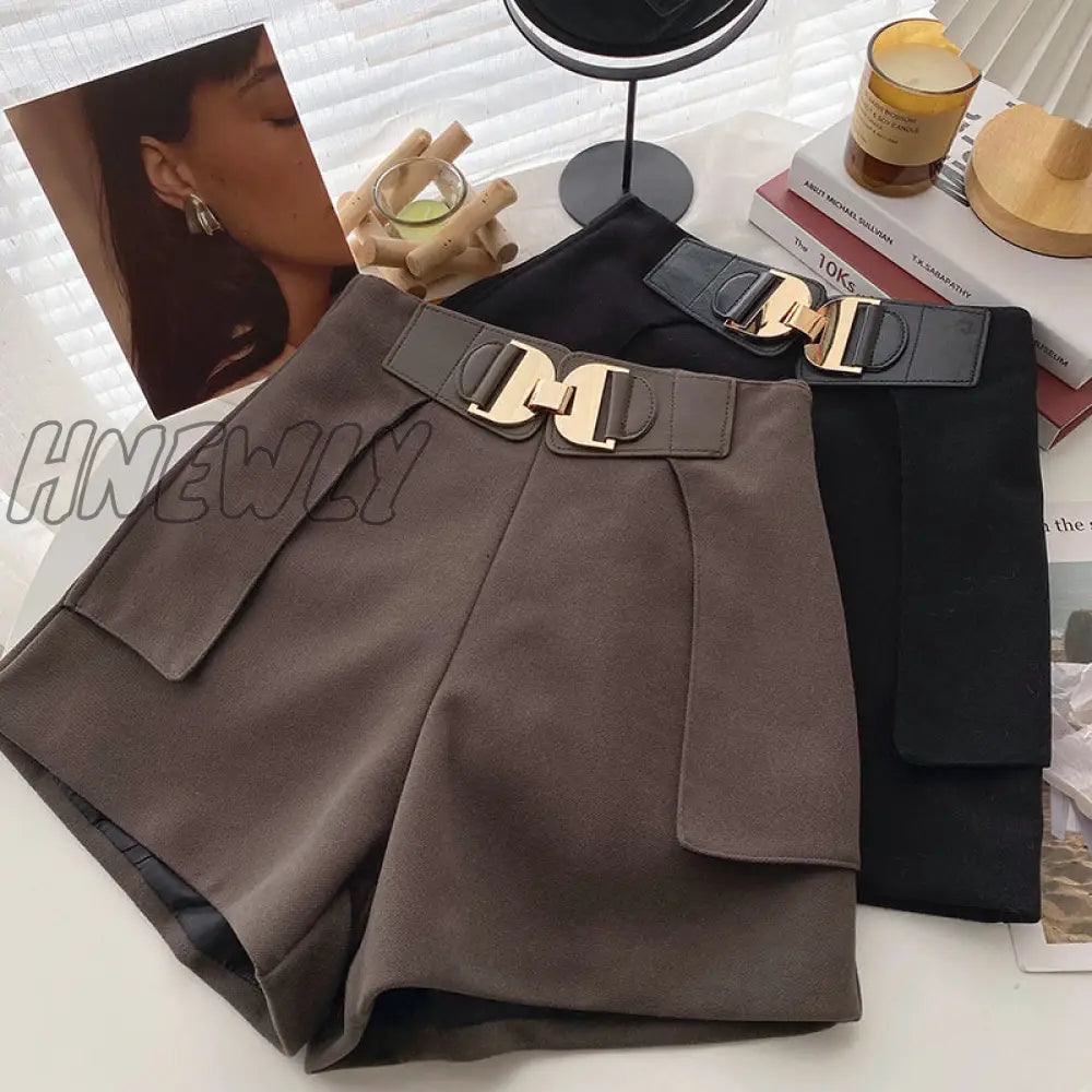 xsrrr New Casual Comfortable Elegant Wild Shorts With Belt Women's Woolen Shorts Autumn Winter Slim Wide Leg A-line Shorts