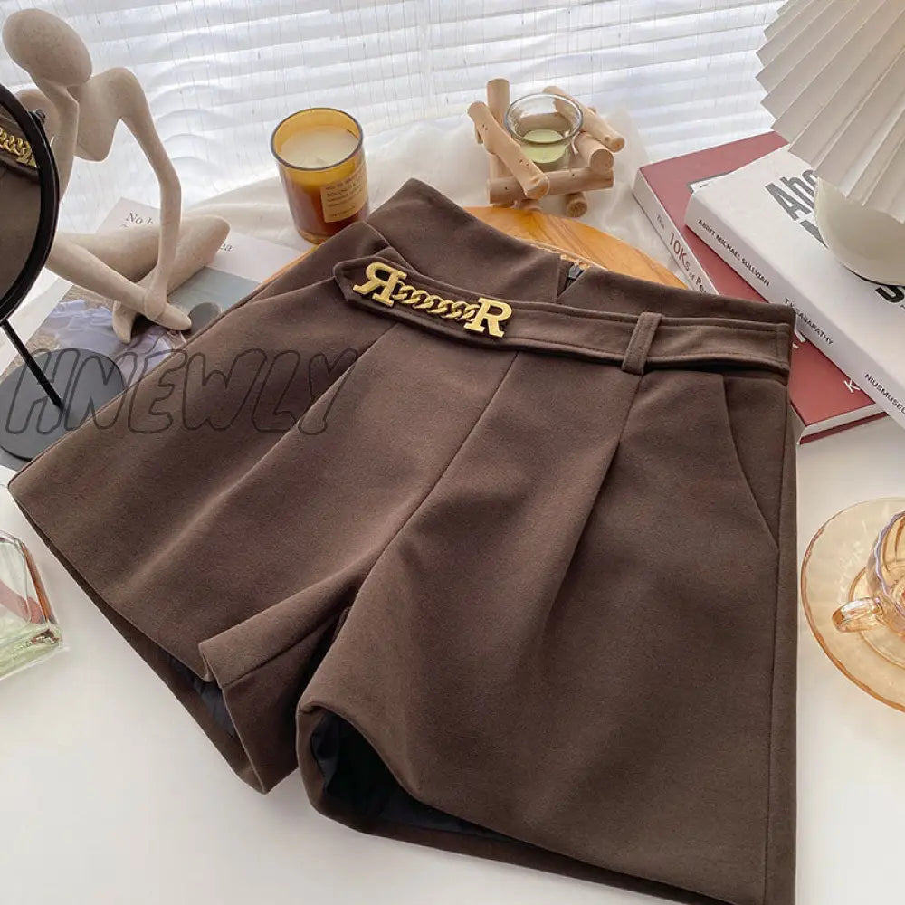 xsrrr New Casual Comfortable Elegant Wild Shorts With Belt Women's Woolen Shorts Autumn Winter Slim Wide Leg A-line Shorts