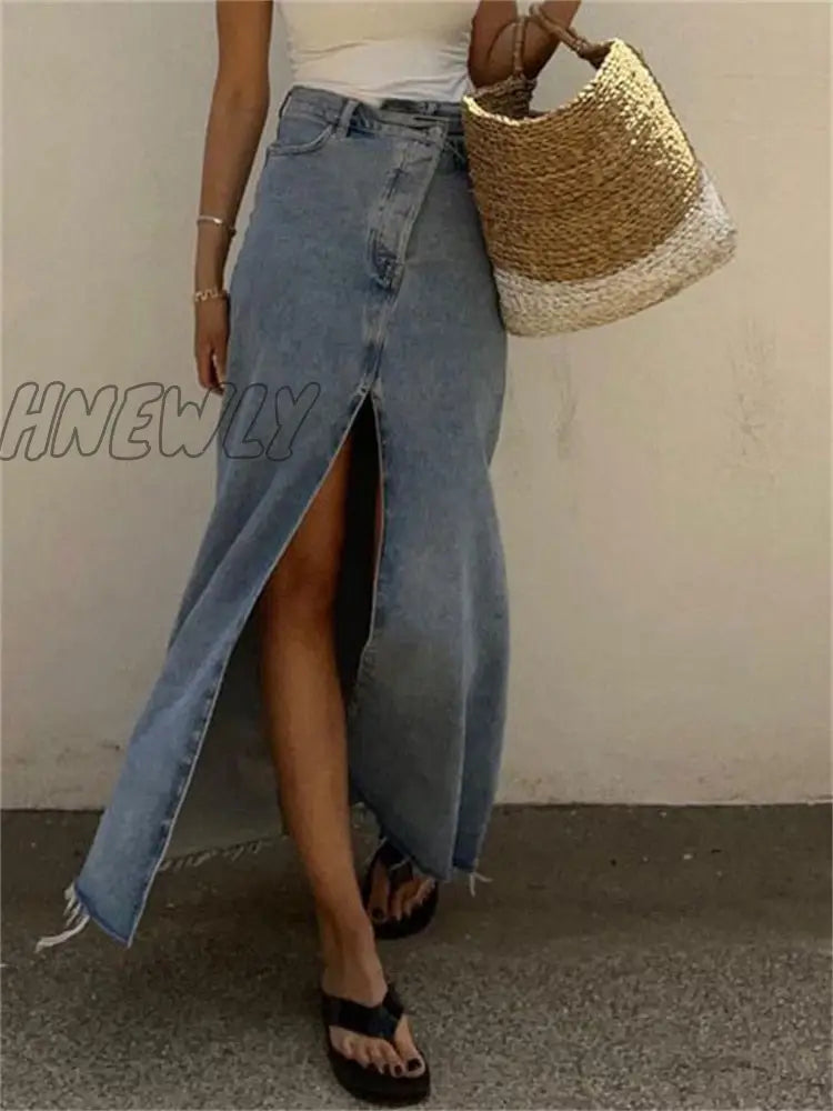 xsrrr New Casual High Waist Denim Skirts Women Spilt Out Maxi Jean Skirt Summer Holiday Long Skirts