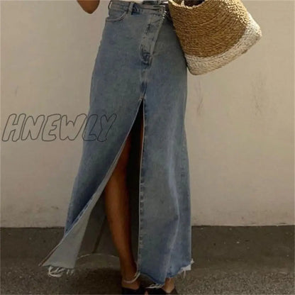 xsrrr New Casual High Waist Denim Skirts Women Spilt Out Maxi Jean Skirt Summer Holiday Long Skirts