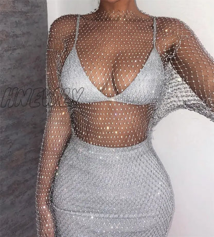 xsrrr New Crystal Diamond Sexy Bodycon Dress Women Hollow Out Long Sleeve Mini Dress Summer  See Through Party Dress