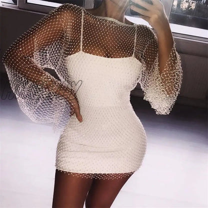 xsrrr New Crystal Diamond Sexy Bodycon Dress Women Hollow Out Long Sleeve Mini Dress Summer  See Through Party Dress