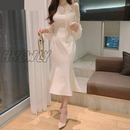 Hnewly New Elegant Dress Women Spring Summer Long-sleeve High Waist Dress Women Clothing Lace Hook Hollow Vestido Business Lady