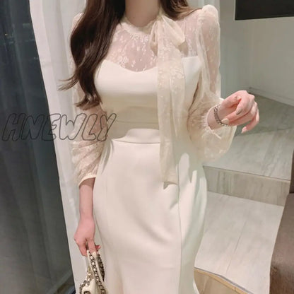 Hnewly New Elegant Dress Women Spring Summer Long-sleeve High Waist Dress Women Clothing Lace Hook Hollow Vestido Business Lady