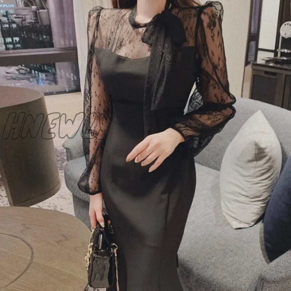 Hnewly New Elegant Dress Women Spring Summer Long-sleeve High Waist Dress Women Clothing Lace Hook Hollow Vestido Business Lady