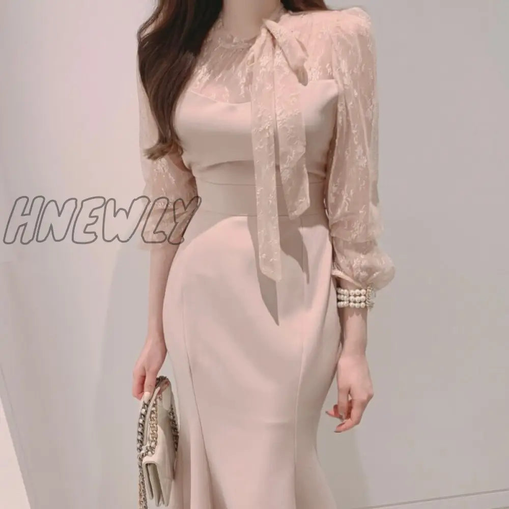 Hnewly New Elegant Dress Women Spring Summer Long-sleeve High Waist Dress Women Clothing Lace Hook Hollow Vestido Business Lady