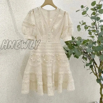 Hnewly New Embroidery Lace Elegant Dress Woman Summer V-neck High Waist Mini Bodycon Woman Clothing Vintage Party Dresses Hollow Out