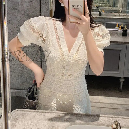 Hnewly New Embroidery Lace Elegant Dress Woman Summer V-neck High Waist Mini Bodycon Woman Clothing Vintage Party Dresses Hollow Out