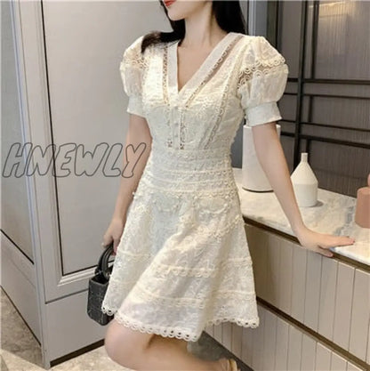 Hnewly New Embroidery Lace Elegant Dress Woman Summer V-neck High Waist Mini Bodycon Woman Clothing Vintage Party Dresses Hollow Out