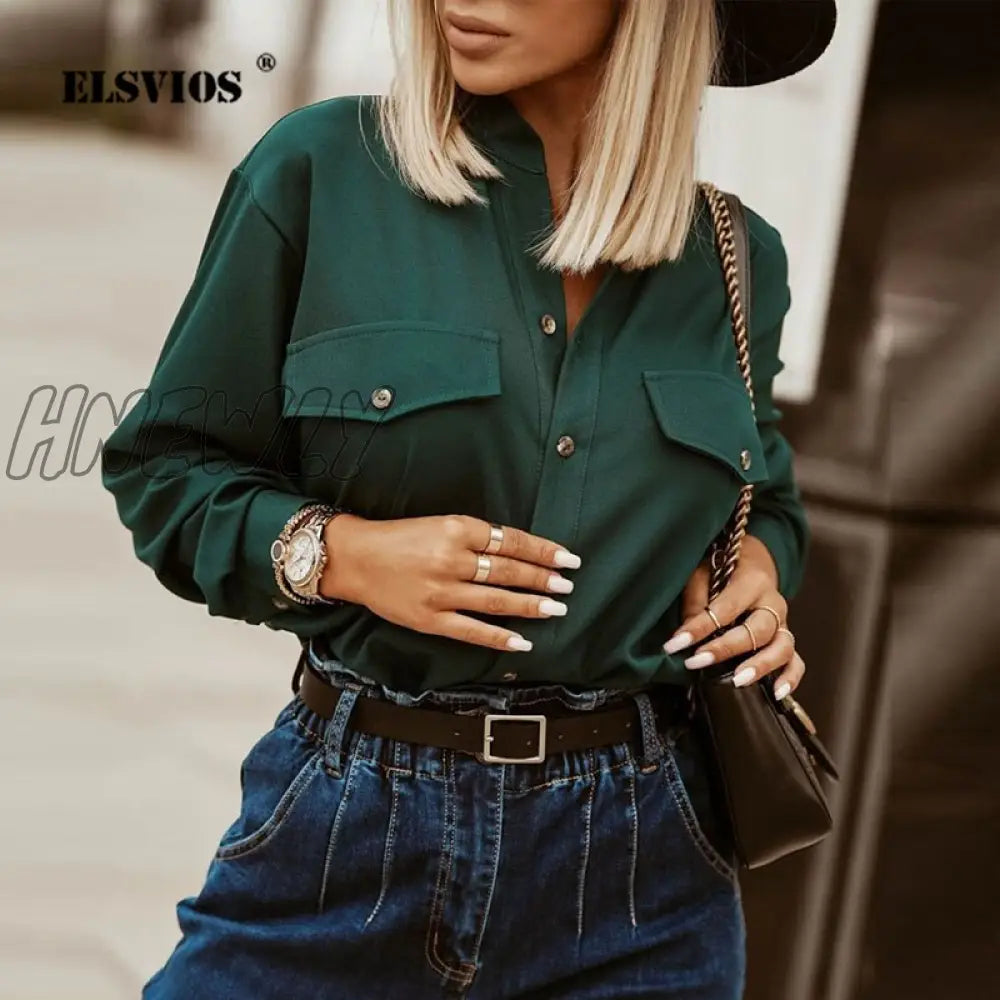 Hnewly New Fashion Dark Green Lady Elegant Office Blouse Stand-up Collar Buttons Pocket Shirt Top Spring Autumn Solid Spot Women's