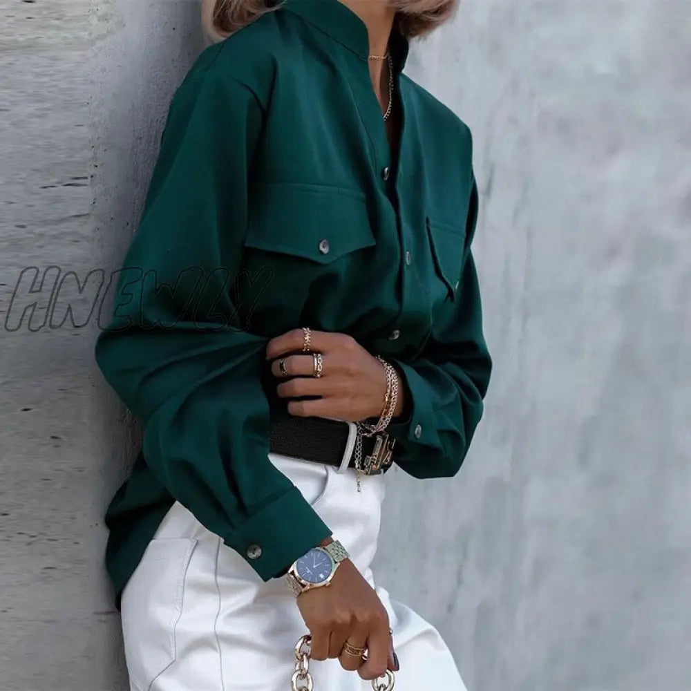 Hnewly New Fashion Dark Green Lady Elegant Office Blouse Stand-up Collar Buttons Pocket Shirt Top Spring Autumn Solid Spot Women's