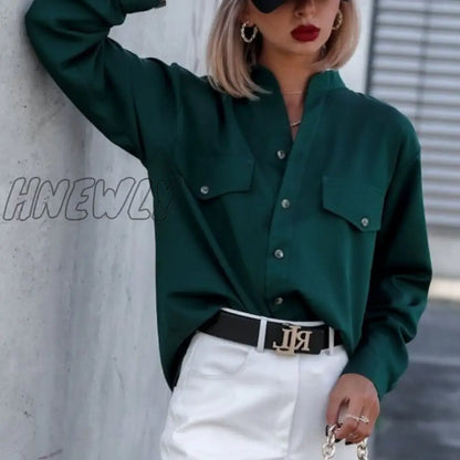 Hnewly New Fashion Dark Green Lady Elegant Office Blouse Stand-up Collar Buttons Pocket Shirt Top Spring Autumn Solid Spot Women's