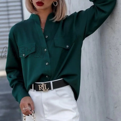 Hnewly New Fashion Dark Green Lady Elegant Office Blouse Stand-up Collar Buttons Pocket Shirt Top Spring Autumn Solid Spot Women's