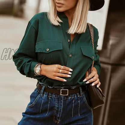 Hnewly New Fashion Dark Green Lady Elegant Office Blouse Stand-up Collar Buttons Pocket Shirt Top Spring Autumn Solid Spot Women's