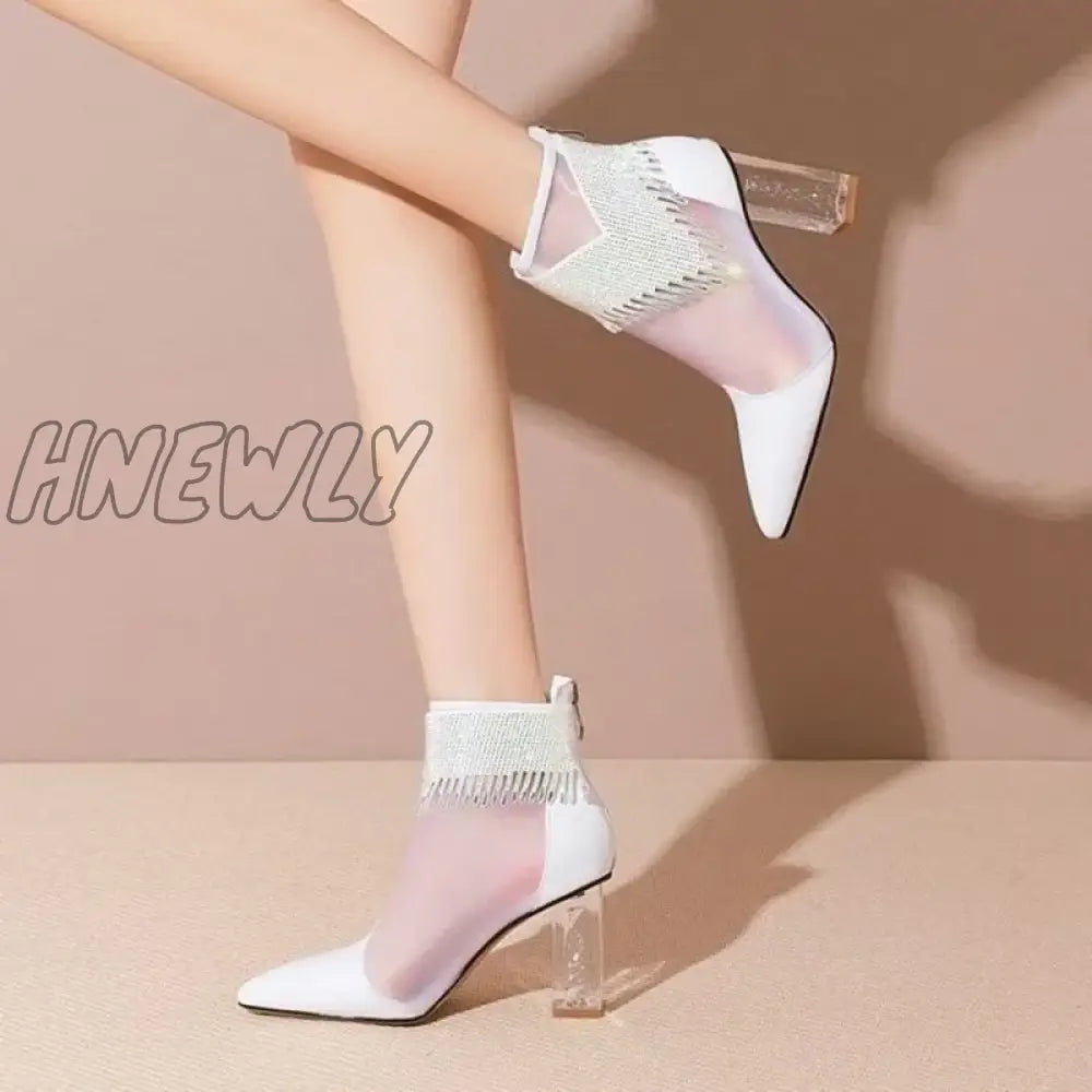 Hnewly New Fashion Summer Rhinestone Sandals Women Soft Leather Fashion Comfortable Pointed Toe Back Zipper Women's Shoes