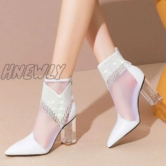 Hnewly New Fashion Summer Rhinestone Sandals Women Soft Leather Fashion Comfortable Pointed Toe Back Zipper Women's Shoes