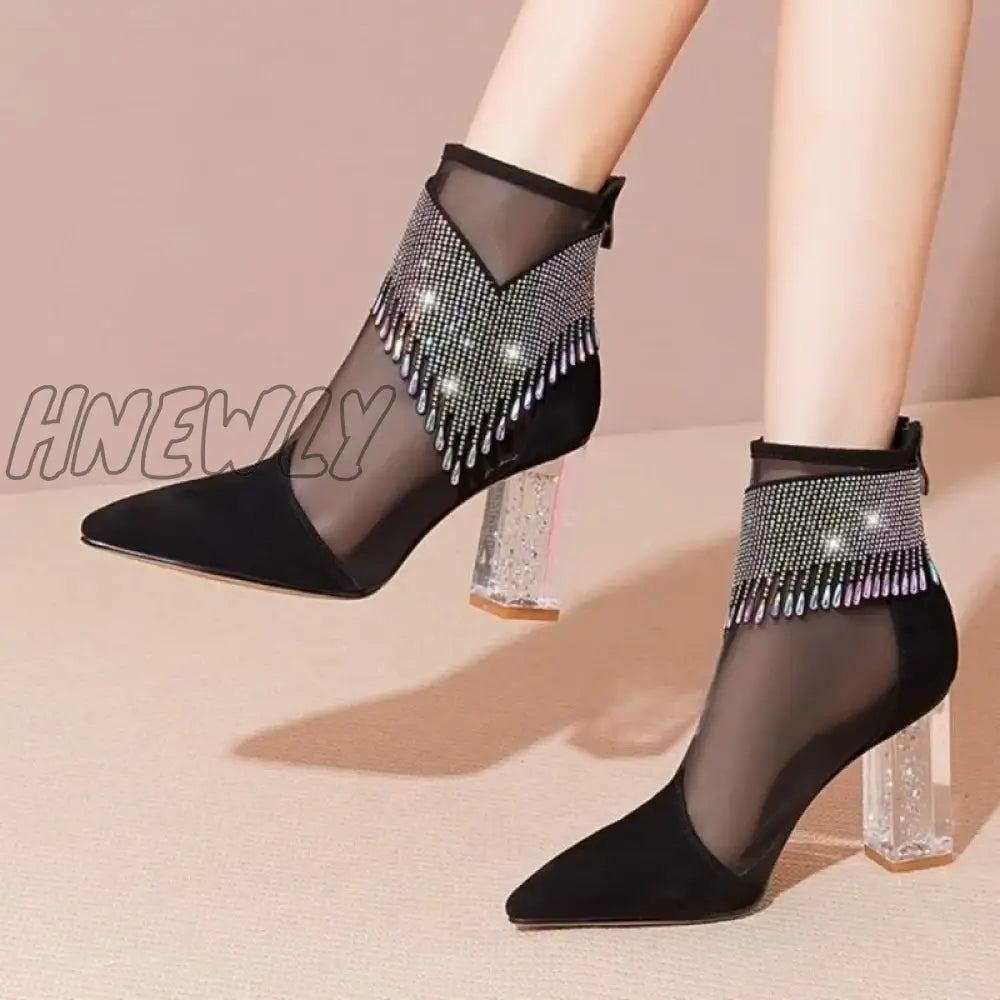 Hnewly New Fashion Summer Rhinestone Sandals Women Soft Leather Fashion Comfortable Pointed Toe Back Zipper Women's Shoes