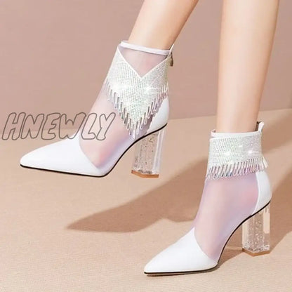 Hnewly New Fashion Summer Rhinestone Sandals Women Soft Leather Fashion Comfortable Pointed Toe Back Zipper Women's Shoes