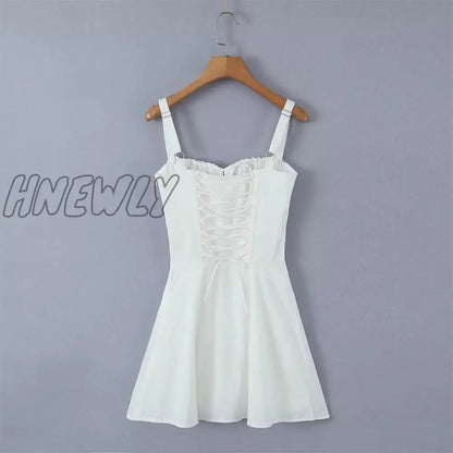 Hnewly New Fashion Women Back Lacing Up Bandage Pink Slim Sling Mini Dress Party Summer Cotton Robe