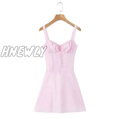 Hnewly New Fashion Women Back Lacing Up Bandage Pink Slim Sling Mini Dress Party Summer Cotton Robe