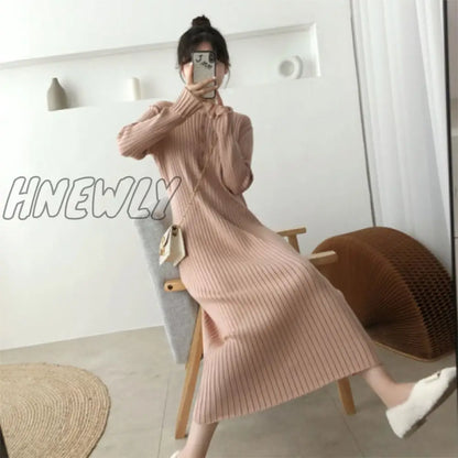 Hnewly New French Style Long Sweater Dress Knitting Solid Dress Women's Autumn And Winter Wear Minimalism Dress Spring Outfits Trends