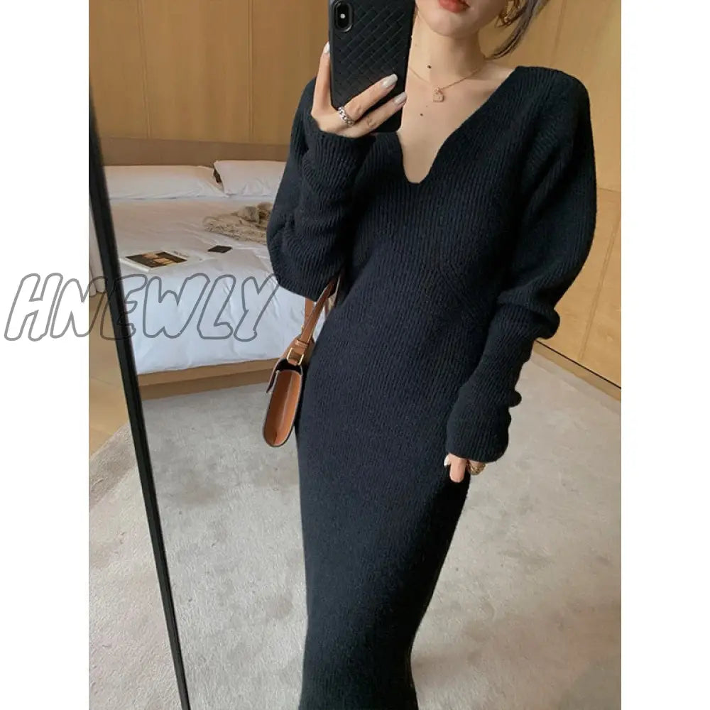 Hnewly New French Style Long Sweater Dress Knitting Solid Dress Women's Autumn And Winter Wear Minimalism Dress Spring Outfits Trends