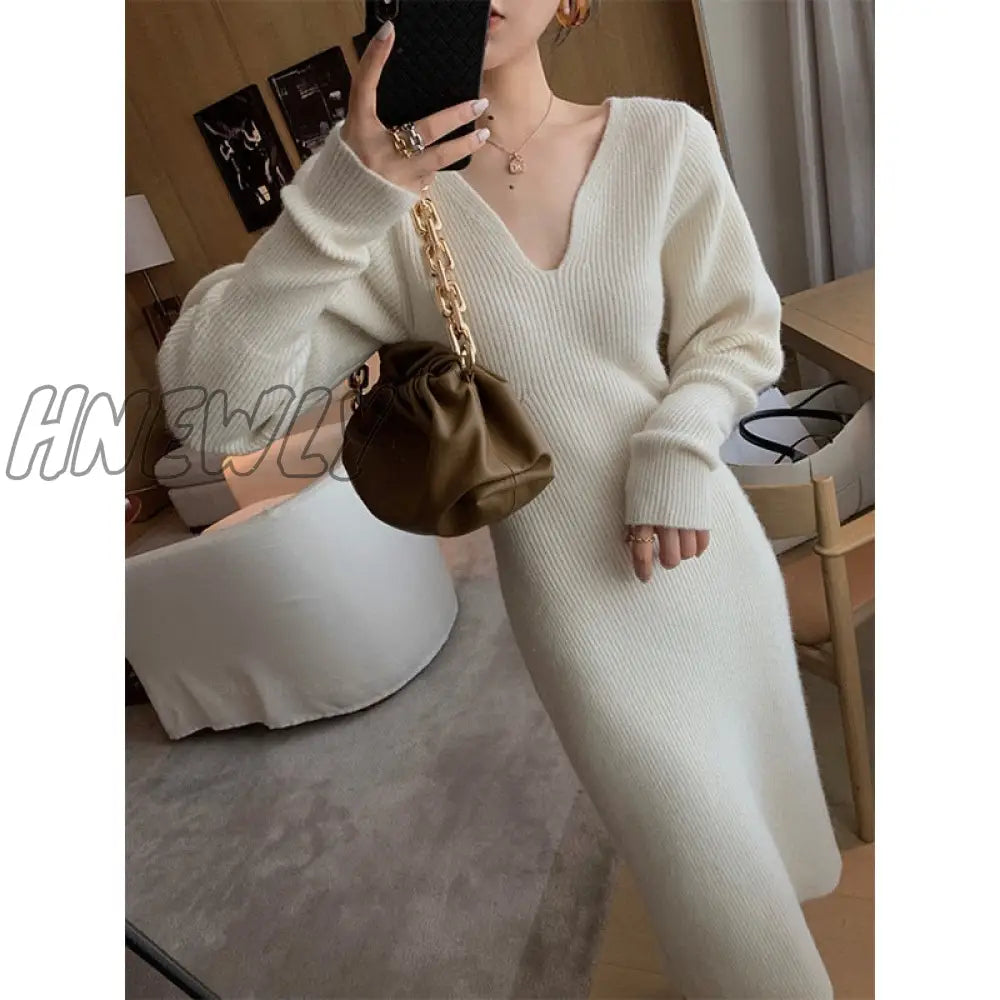 Hnewly New French Style Long Sweater Dress Knitting Solid Dress Women's Autumn And Winter Wear Minimalism Dress Spring Outfits Trends