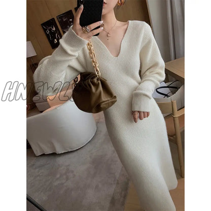 Hnewly New French Style Long Sweater Dress Knitting Solid Dress Women's Autumn And Winter Wear Minimalism Dress Spring Outfits Trends