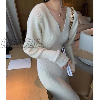 Hnewly New French Style Long Sweater Dress Knitting Solid Dress Women's Autumn And Winter Wear Minimalism Dress Spring Outfits Trends