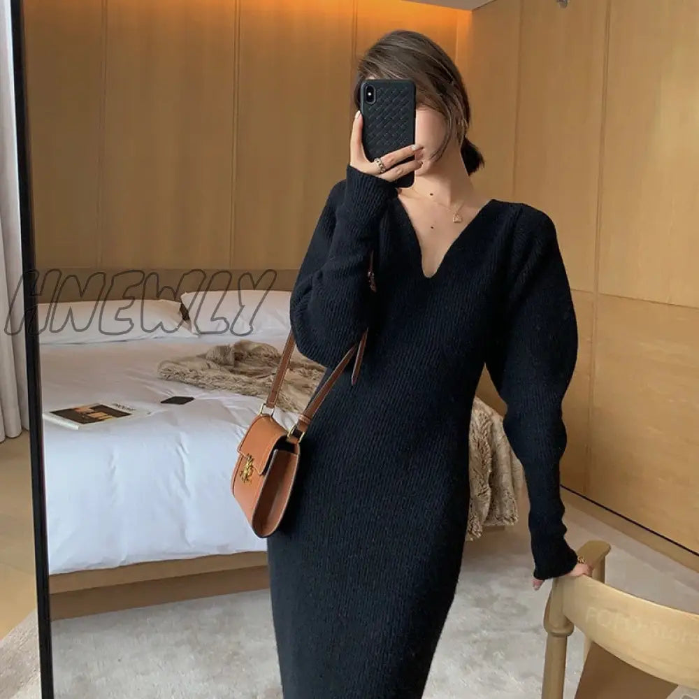 Hnewly New French Style Long Sweater Dress Knitting Solid Dress Women's Autumn And Winter Wear Minimalism Dress Spring Outfits Trends