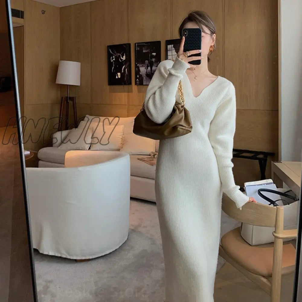 Hnewly New French Style Long Sweater Dress Knitting Solid Dress Women's Autumn And Winter Wear Minimalism Dress Spring Outfits Trends