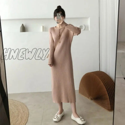 Hnewly New French Style Long Sweater Dress Knitting Solid Dress Women's Autumn And Winter Wear Minimalism Dress Spring Outfits Trends